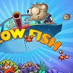 Fargerik illustrasjon med oppblåste kulefisker, en båt med rørkanon og teksten Blow Fish over et marint landskap