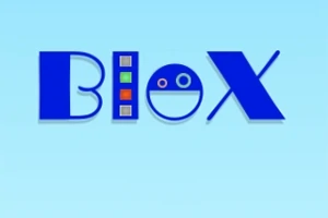 Blå logo med bokstavene Blox på en lys blå bakgrunn, der bokstaven O har et smilefjes, og L har fargede knapper inni