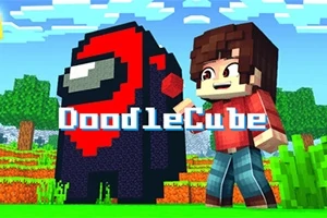 En pixellert figur i rødt og svart står ved siden av en smilende karakter med brunt hår, foran en bakgrunn med trær og gress; teksten DoodleCube er plassert i midten