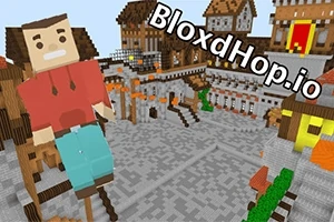 En blokkete karakter med rød hettegenser og blå bukser står i et middelalderlig slottsmiljø med teksten BloxdHop