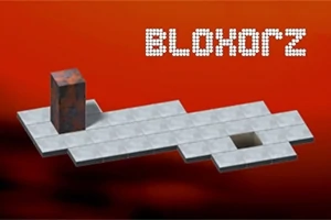 En rektangulær blokk står på en plattform med et hull på en rød bakgrunn, med teksten Bloxorz i prikker