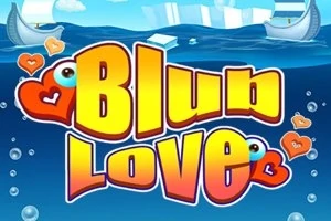 Fargerik grafikk med teksten Blub Love omgitt av hjerter og bobler på en bakgrunn av hav og båter