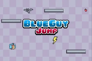 Logoen BlueGuy Jump med ikoner av en flaggermus, en blå figur, et lyn, en plattform og et eple på en rutete bakgrunn