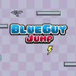 Logoen BlueGuy Jump med ikoner av en flaggermus, en blå figur, et lyn, en plattform og et eple på en rutete bakgrunn