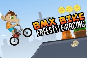 En tegneseriefigur utfører et BMX-triks i luften foran en rampe, med tre gullmynter og en haodeskalle synlig i bildet
