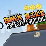 En tegneseriefigur utfører et BMX-triks i luften foran en rampe, med tre gullmynter og en haodeskalle synlig i bildet