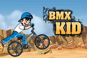 Tegnet gutt på BMX-sykkel i en ørken, med teksten BMX Kid i bakgrunnen