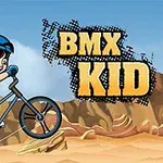 Tegnet gutt på BMX-sykkel i en ørken, med teksten BMX Kid i bakgrunnen