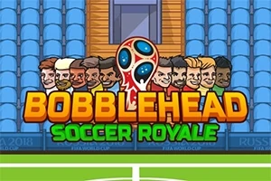Tegneserieaktige figurer med store hoder står foran en tribune, med teksten Bobblehead Soccer Royale sentrert over dem