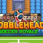 Tegneserieaktige figurer med store hoder står foran en tribune, med teksten Bobblehead Soccer Royale sentrert over dem
