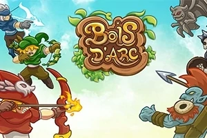 Tegnet scene med forskjellige karakterer i kampstilling rundt en logo med teksten Bois DArc
