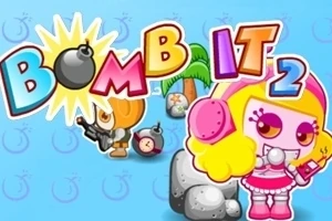 Fargerik tegneseriegrafikk med en rosa- og gul-kledd figur og teksten Bomb It 2 foran blå bakgrunn