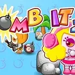 Fargerik tegneseriegrafikk med en rosa- og gul-kledd figur og teksten Bomb It 2 foran blå bakgrunn