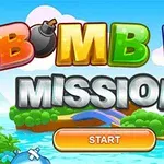 Fargerike bokstaver med teksten Bomb It Mission over et tegnet landskap med en oransje startknapp nederst