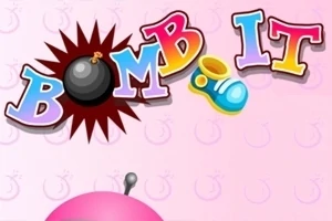 Fargerik tekst med ordene Bomb It på rosa bakgrunn med en liten, svart bombe-illustrasjon