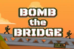 Stor tekst med BOMB the BRIDGE over en bro med to soldater i silhuett og en C4-boks, mot en oransje himmelbakgrunn