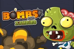 En tegneserieaktig zombie med store øyne ved siden av teksten Bombs and Zombies mot en mørk bakgrunn