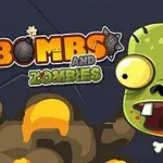 En tegneserieaktig zombie med store øyne ved siden av teksten Bombs and Zombies mot en mørk bakgrunn