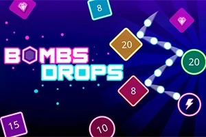 Fargerik illustrasjon med forskjellige nummererte firkanter og tekst som sier Bombs Drops på en blå bakgrunn
