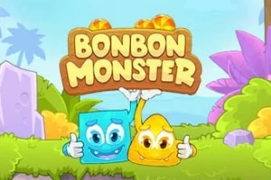 To ankleformede, fargerike figurer smiler og holder et skilt med teksten Bonbon Monster i en tegnet, tropisk bakgrunn