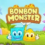 To ankleformede, fargerike figurer smiler og holder et skilt med teksten Bonbon Monster i en tegnet, tropisk bakgrunn