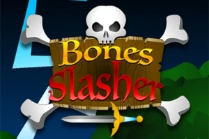 Et hodeskalle- og korsbein-symbol med en treplanke bakgrunn, teksten Bones Slasher i gul og rød, og et sverd under teksten