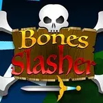 Et hodeskalle- og korsbein-symbol med en treplanke bakgrunn, teksten Bones Slasher i gul og rød, og et sverd under teksten
