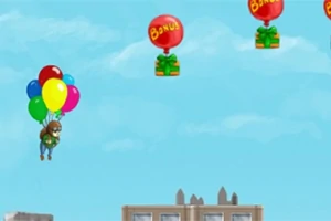 Person svever i luften ved hjelp av fargerike ballonger over en by med andre ballonger som har gaver hengende under