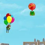 Person svever i luften ved hjelp av fargerike ballonger over en by med andre ballonger som har gaver hengende under