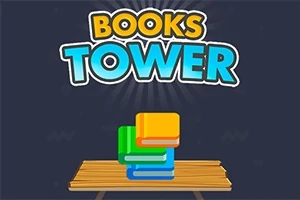 Fargerike bøker stablet oppå hverandre på et trebord mot en mørk bakgrunn med teksten Books Tower