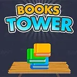 Fargerike bøker stablet oppå hverandre på et trebord mot en mørk bakgrunn med teksten Books Tower