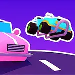 To fargerike, stiliserte biler, en rosa og en blå, svever over en veibane mot en lilla bakgrunn