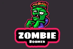 Tegneserieillustrasjon av en grønn zombie med oransje hår og lilla skjorte, over teksten Zombie Boomer
