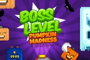 Fargerik spillgrafikk med teksten Boss Level Pumpkin Madness og Halloween-temaelementer