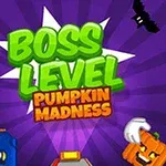 Fargerik spillgrafikk med teksten Boss Level Pumpkin Madness og Halloween-temaelementer