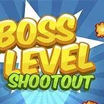 Fargerik grafikk med teksten Boss Level Shootout omgitt av eksplosjoner på blå bakgrunn