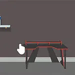 Et minimalistisk rom med et skrivebord, en spillstol, og en hylle med en vannflaske på en grå vegg