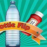 En tegnet flaske, melkekartong, og ketchupflaske med en banner som sier Bottle Flip på en stripete bakgrunn