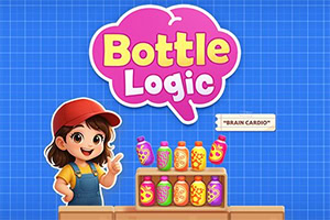 Tegnet jente med rød caps ved hyller med fargerike flasker og teksten «Bottle Logic» på blå rutenettbakgrunn