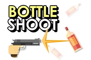 En hånd som holder en pistol og skyter mot en flaske med oransje etikett, med teksten BOTTLE SHOOT øverst