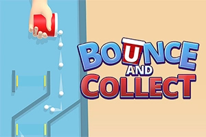 En hånd heller hvite kuler fra en rød kopp ned en blå labyrint ved siden av teksten Bounce and Collect
