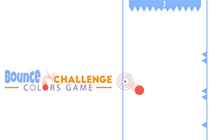 Minimalistisk skjerm med Bounce Colors-logo, blå kanter med pigger, en rød ball og en sirkelformet blink på hvit bakgrunn