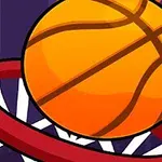 En oransje basketball er i ferd med å gå gjennom en rød basketballkurv med et lilla bylandskap i bakgrunnen