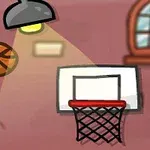 En basketball flyr mot en kurv i et rom opplyst av en lampe