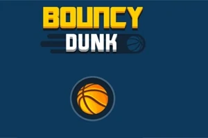 Tekstlogo med ordene Bouncy Dunk i gul og hvit, og en oransje basketball under teksten på blå bakgrunn