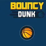 Tekstlogo med ordene Bouncy Dunk i gul og hvit, og en oransje basketball under teksten på blå bakgrunn