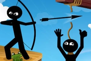 En svart strekfigur med bue og pil skyter for å treffe et tau og redde en annen strekfigur som henger
