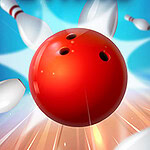 Rød bowlingkule treffer bowlingkjegler med en blå og hvit bakgrunn