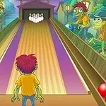 En tegneseriefigur står i en bowlinghall sammen med flere zombie-lignende skapninger, klare til å spille bowling