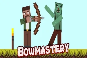 En person med bart og grønn skjorte sikter en pil og bue mot en grønn zombie på en pikselert gressplattform, med teksten Bowmastery nederst